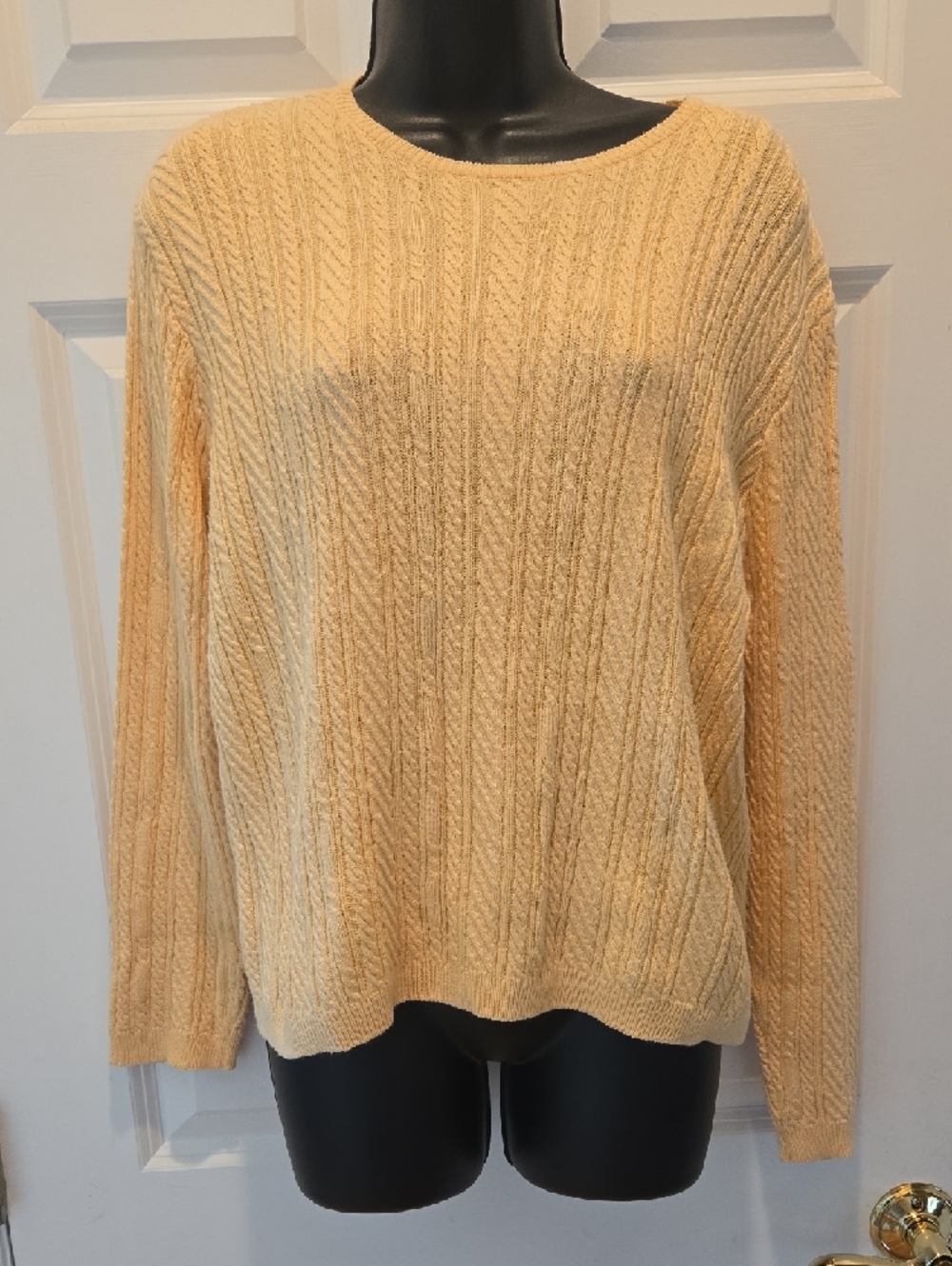 Wainscott Cable Knit Sweater Women's L Butter Yellow Round Neck 100% Cotton